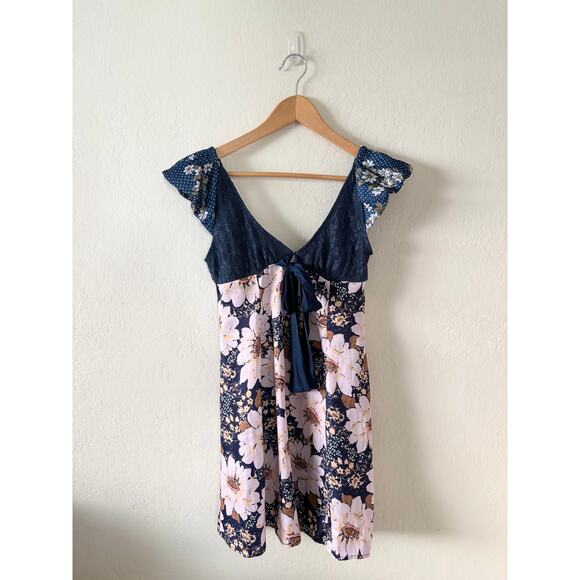 Free People Aurora Mini Dress Blue Lace Floral Satin Size XS - Picture 2 of 10